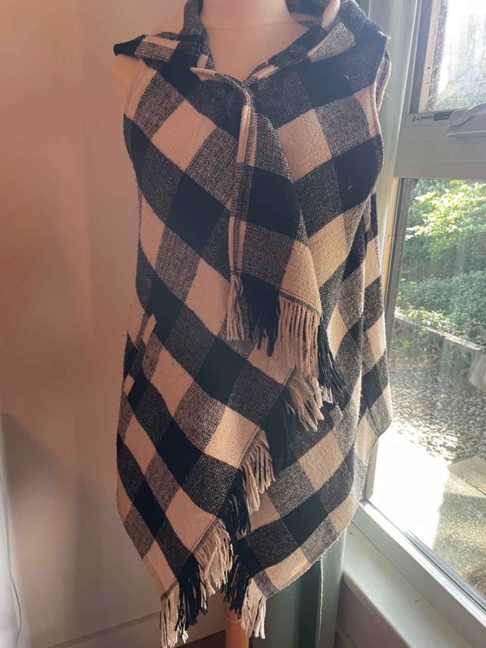 Jolt Black and Cream Plaid Hooded Fringe Poncho
